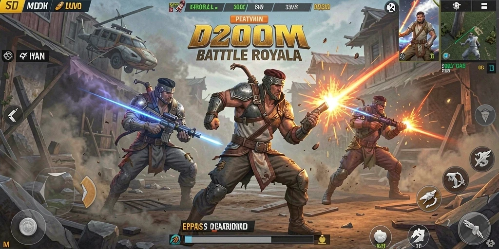 Tangkapan layar D200M menampilkan aksi seru dalam pertempuran Battle Royale.