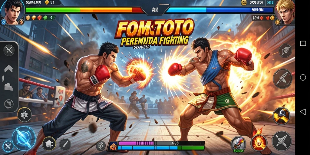 Tampilan gameplay FOMOTOTO dengan pertarungan seru antar karakter.