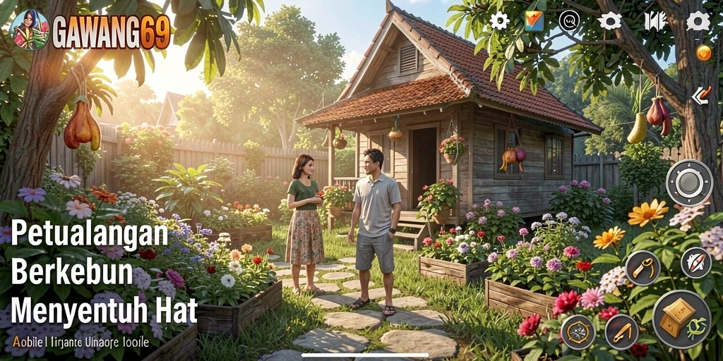 Screenshot dari gameplay GAWANG69 menampilkan kebun yang subur dan beragam tanaman.