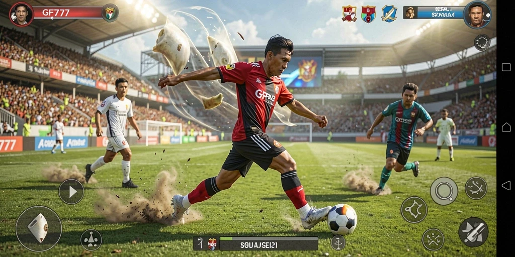 Tampilan gameplay sepak bola yang menegangkan dan seru.