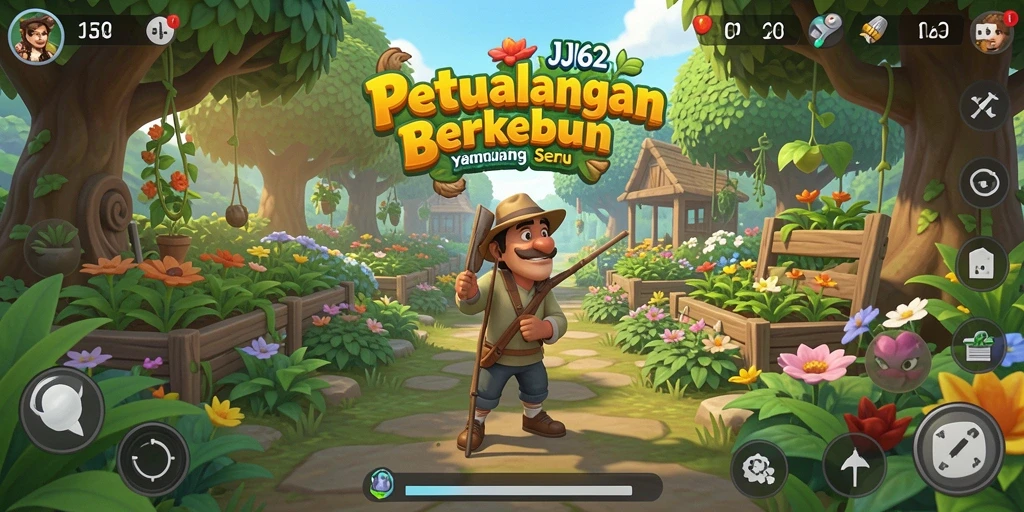Screenshot utama JJ62 menampilkan gameplay berkebun yang seru.