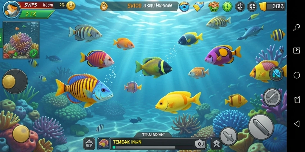 Screenshot SVIP5 menampilkan aksi menembak ikan yang seru.